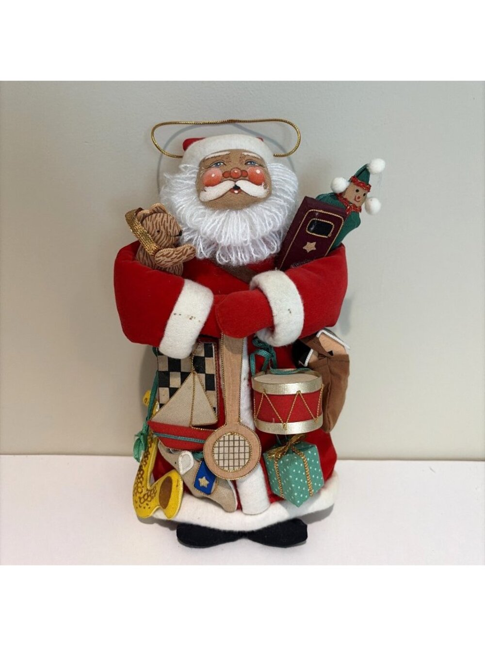 International Christmas Santa Claus Figure Holding Toys Painted Face Hanging 90s